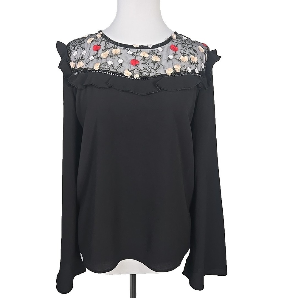 TAKARA‎ Black Chiffon Bell Sleeve Embroidered Mesh Blouse Top Size XL